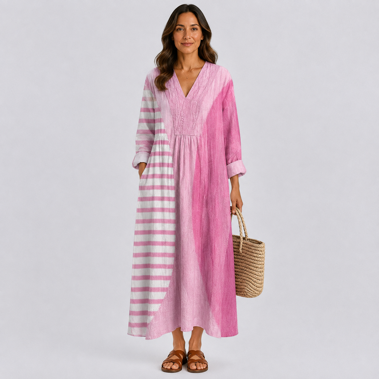 Summer dress with V-neck, long sleeves, and pink striped side panel