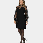 Tiffany black shift dress with lace long sleeves and crew neck, side view