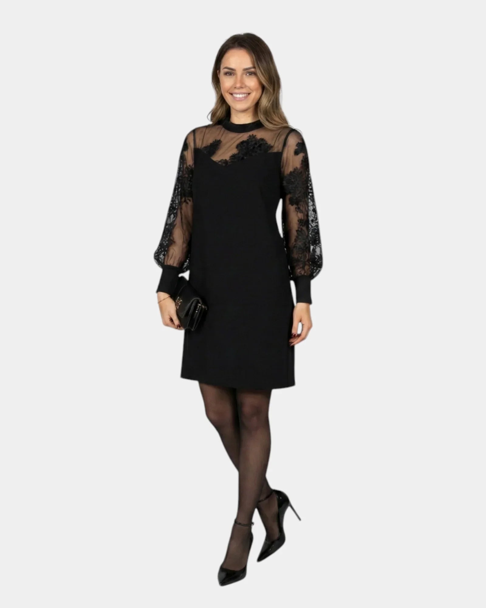 Tiffany black shift dress with lace long sleeves and crew neck, side view