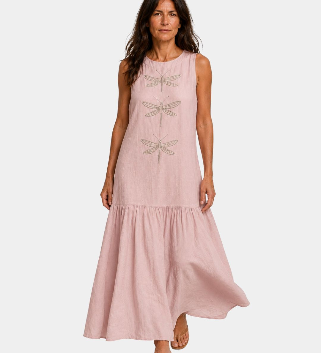 Pink sleeveless long dress with dragonfly embroidery and tiered skirt hem