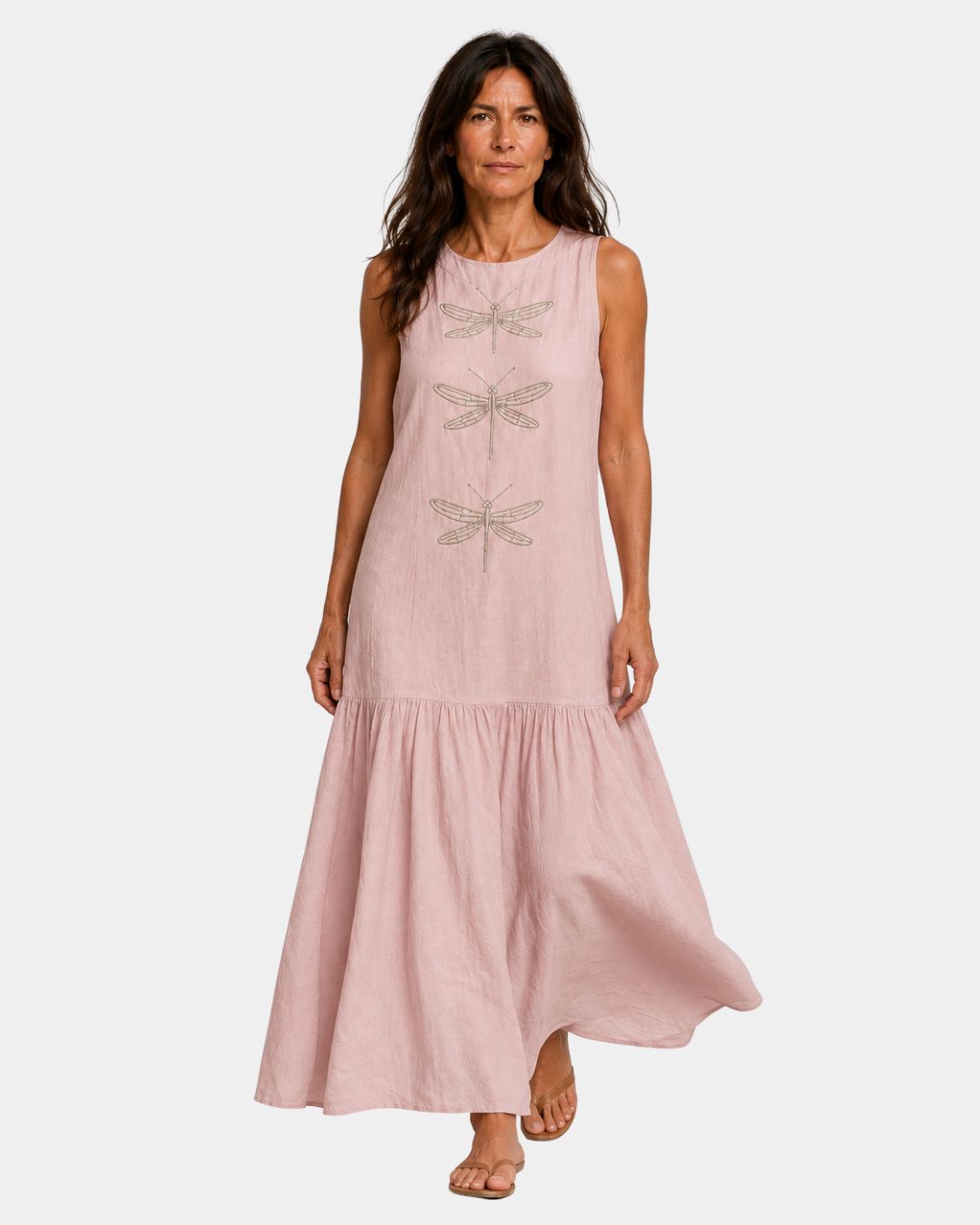 Pink sleeveless long dress with dragonfly embroidery and tiered skirt hem