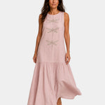 Pink sleeveless long dress with dragonfly embroidery and tiered skirt hem