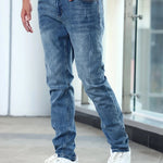 Light blue casual stretch jeans, straight-leg style with front and back yoke detail