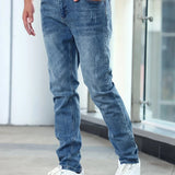 Light blue casual stretch jeans, straight-leg style with front and back yoke detail