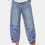 3/4-length casual pants, medium blue with blue floral bird print on lower panels