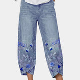 3/4-length casual pants, medium blue with blue floral bird print on lower panels