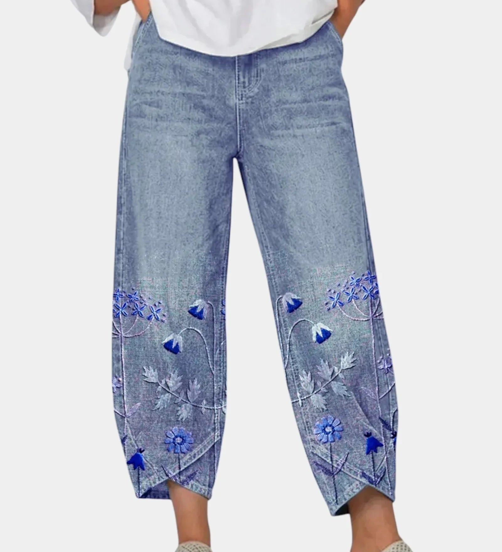 3/4-length casual pants, medium blue with blue floral bird print on lower panels