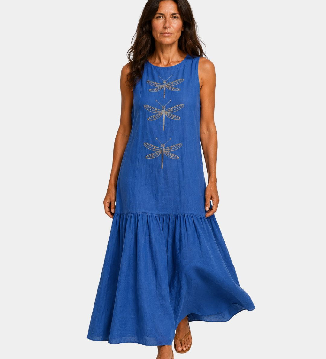 Blue sleeveless long dress with dragonfly embroidery and tiered maxi skirt