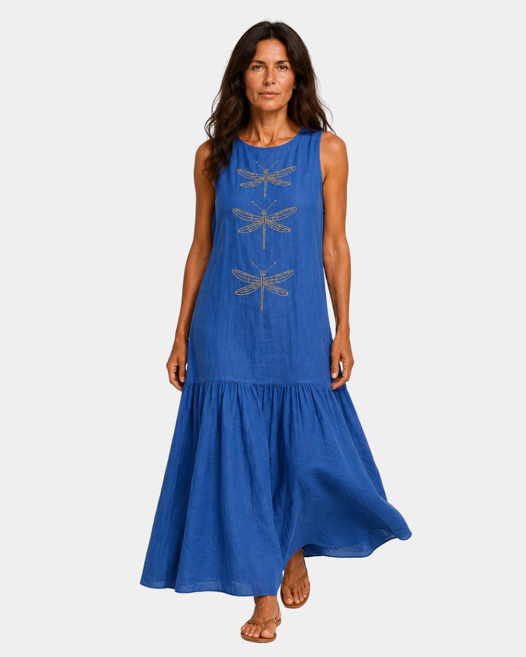 Blue sleeveless long dress with dragonfly embroidery and tiered maxi skirt
