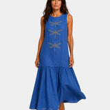 Blue sleeveless long dress with dragonfly embroidery and tiered maxi skirt