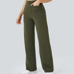 Olive green wide-leg elastic pants with button-front detail and side pockets