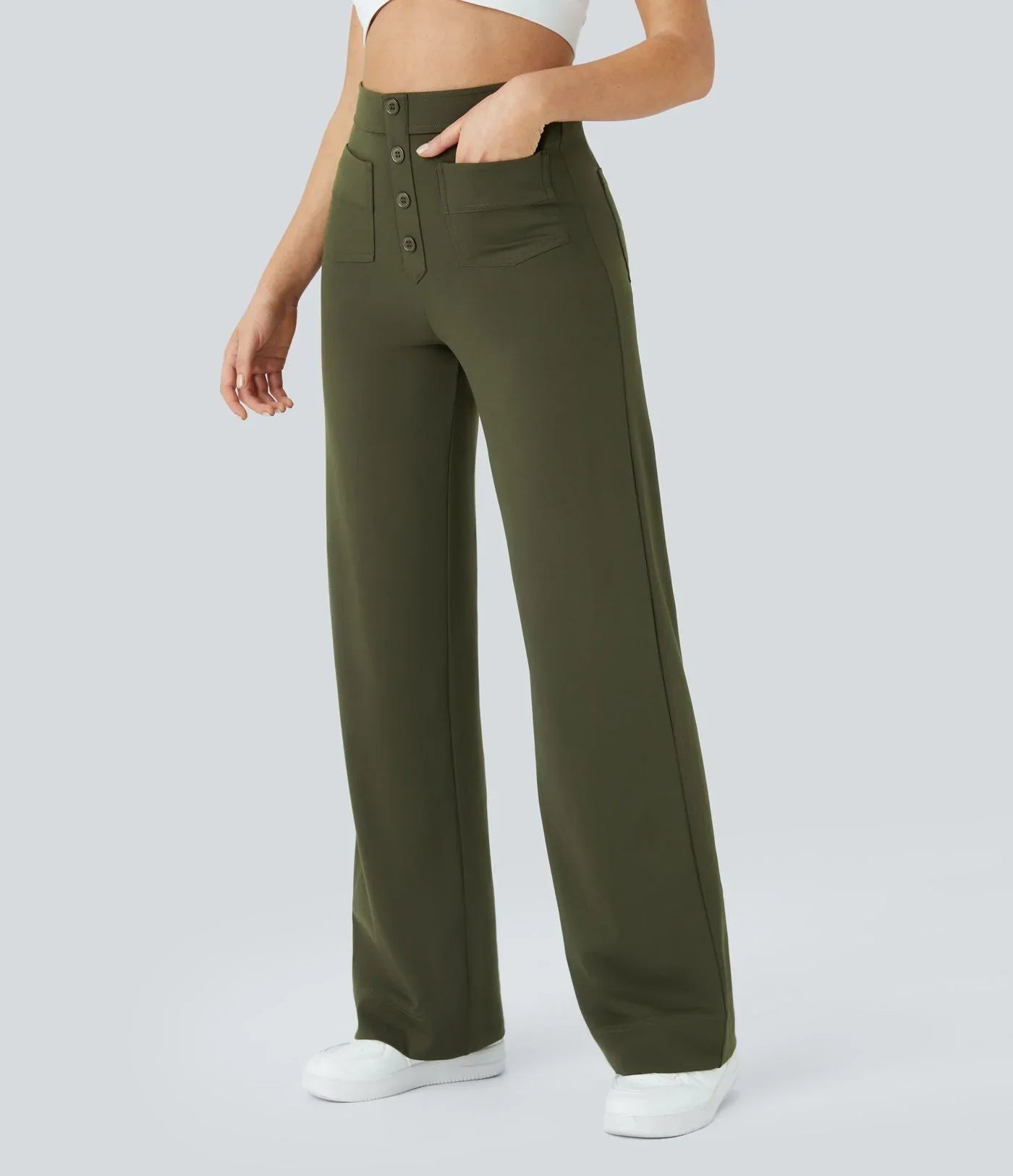 Olive green wide-leg elastic pants with button-front detail and side pockets