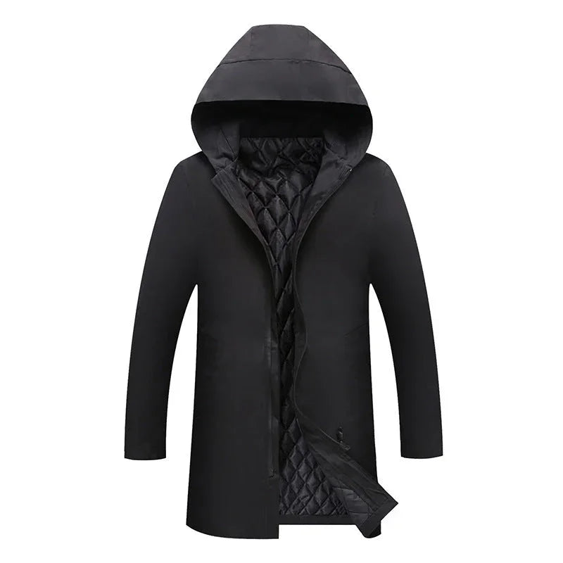Black waterproof hooded jacket with quilted lining and zip front