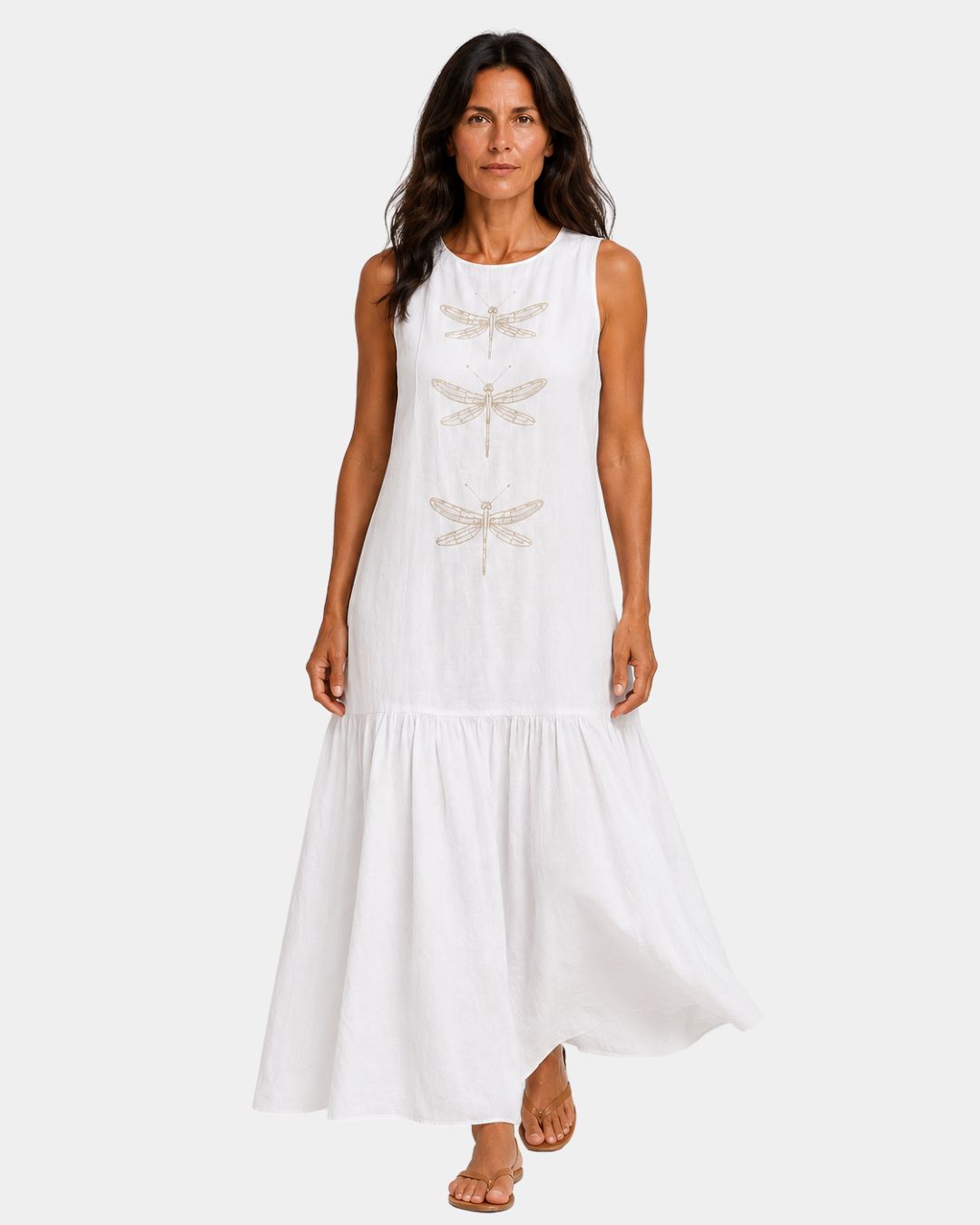 White sleeveless long dress with dragonfly embroidery and tiered maxi skirt