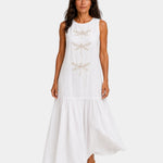 White sleeveless long dress with dragonfly embroidery and tiered maxi skirt