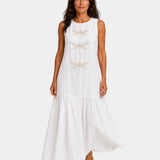 White sleeveless long dress with dragonfly embroidery and tiered maxi skirt