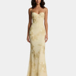 Floor-length yellow floral lace dress with spaghetti straps and fitted silhouette