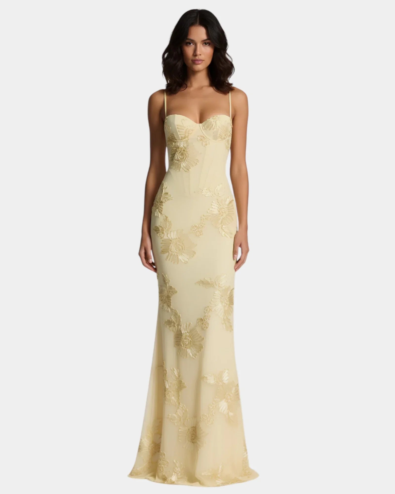 Floor-length yellow floral lace dress with spaghetti straps and fitted silhouette