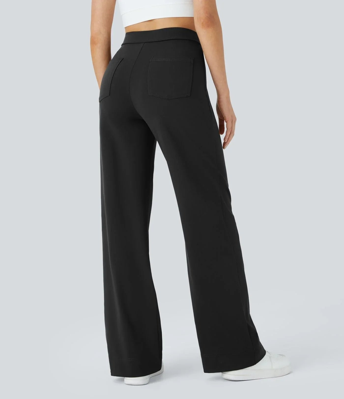 Black high-rise wide-leg pants with back patch pocket