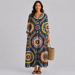 Women’s navy midi summer dress, V-neck, 3/4 sleeves, bold multicolor floral pattern