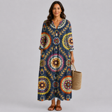 Women’s navy midi summer dress, V-neck, 3/4 sleeves, bold multicolor floral pattern