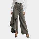 High-waisted wide-leg jeans in dark gray wash, button front and draped side hem