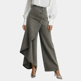 High-waisted wide-leg jeans in dark gray wash, button front and draped side hem