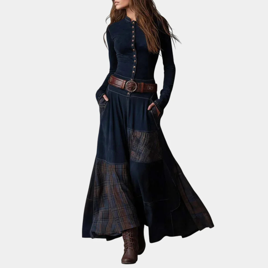 Navy long sleeve vintage maxi dress with button front and plaid paneling, wide belt