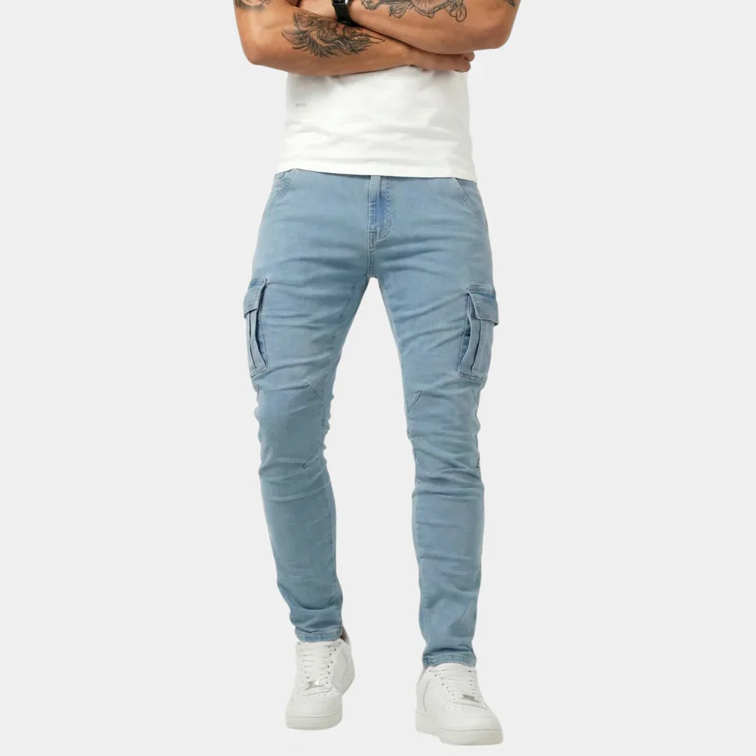 Light blue elastic cargo jeans with side cargo pockets and tapered legs