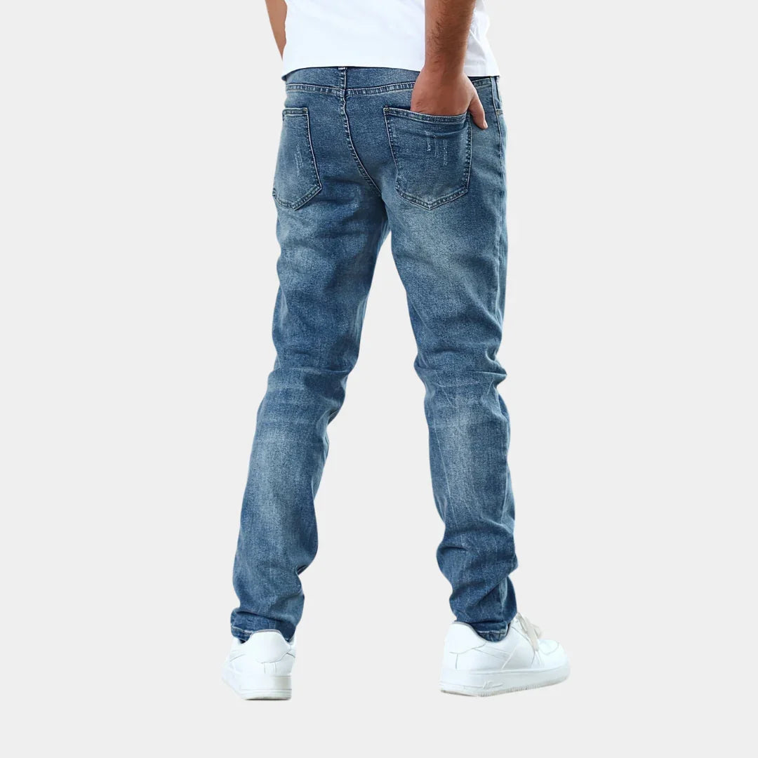 Blue casual stretch jeans with straight legs, five pockets, and belt loops