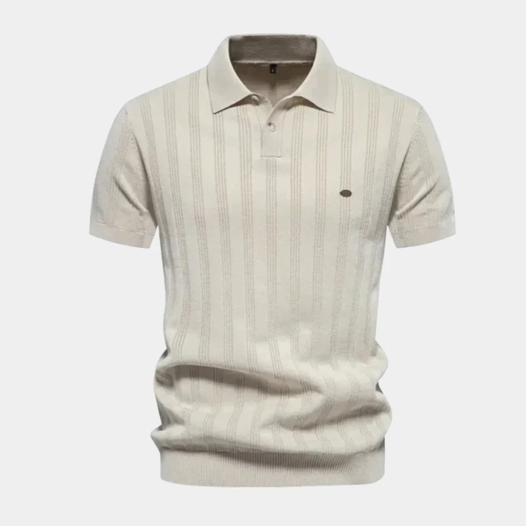 Chic summer polo shirt in light beige with vertical pinstripes, short sleeves, button placket.