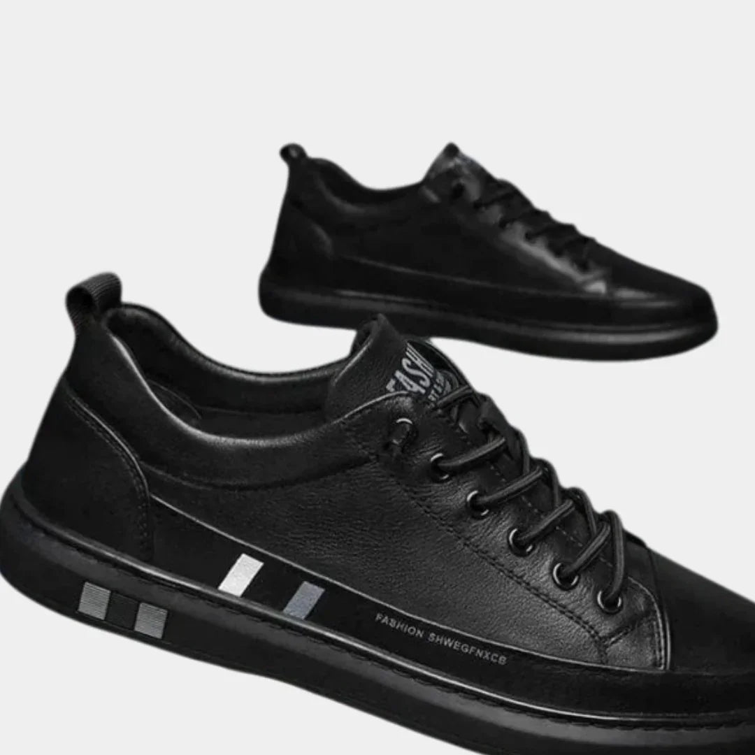 Black lace-up orthopedic shoes with padded collar and side stripe
