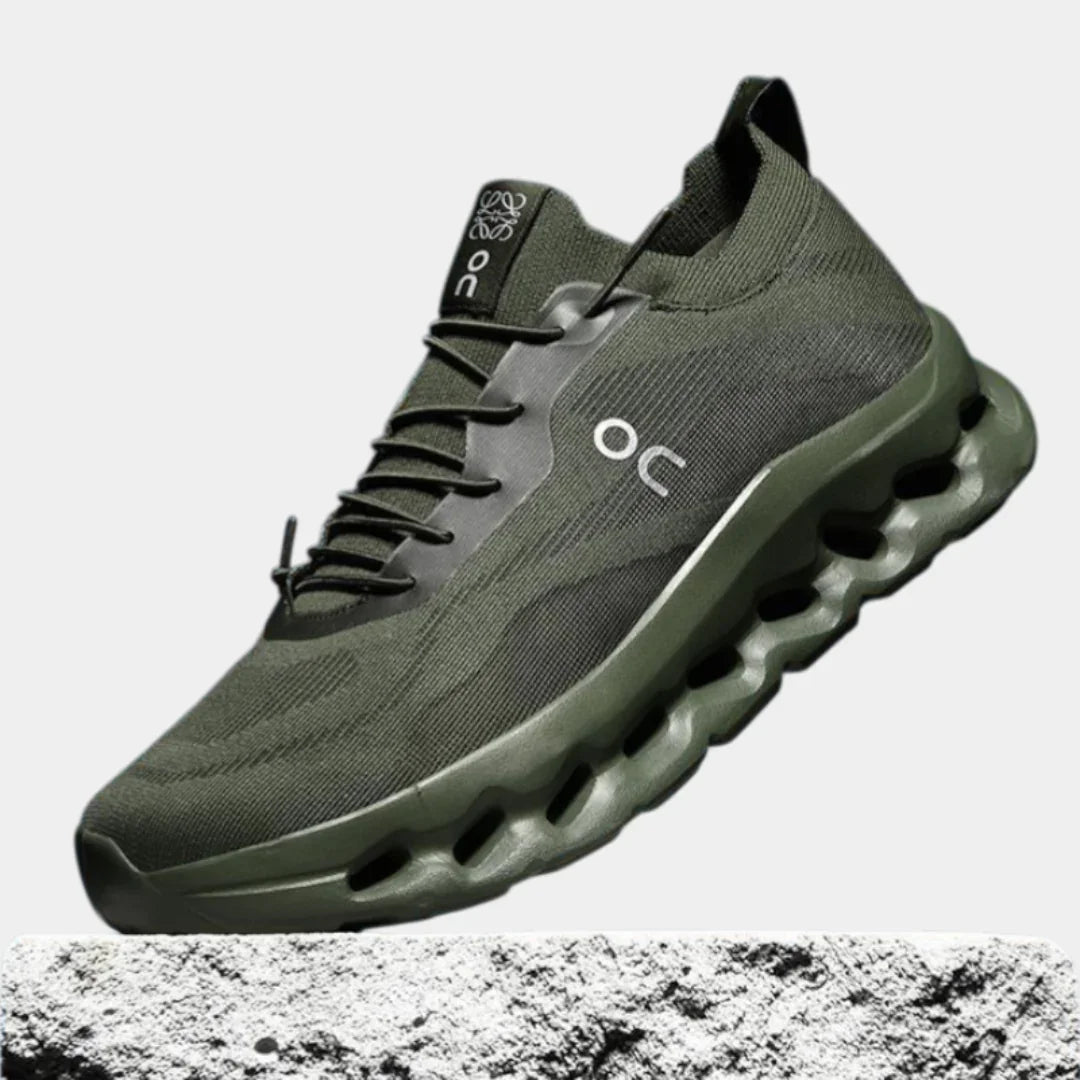 Olive green lace-up performance sneaker with pod sole and OC logo