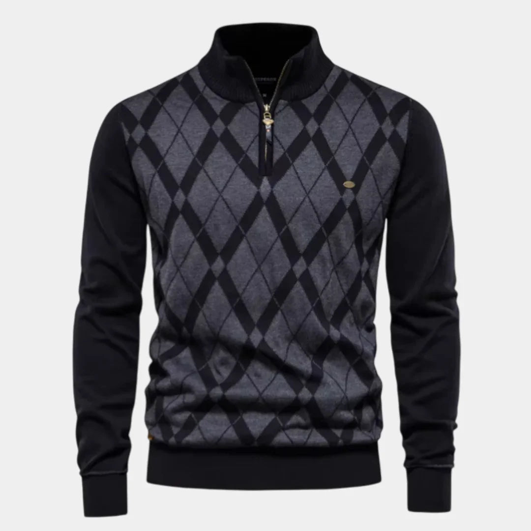 Men's quarter-zip argyle sweater, black with gray diamond pattern