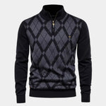 Men's quarter-zip argyle sweater, black with gray diamond pattern