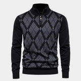 Men's quarter-zip argyle sweater, black with gray diamond pattern