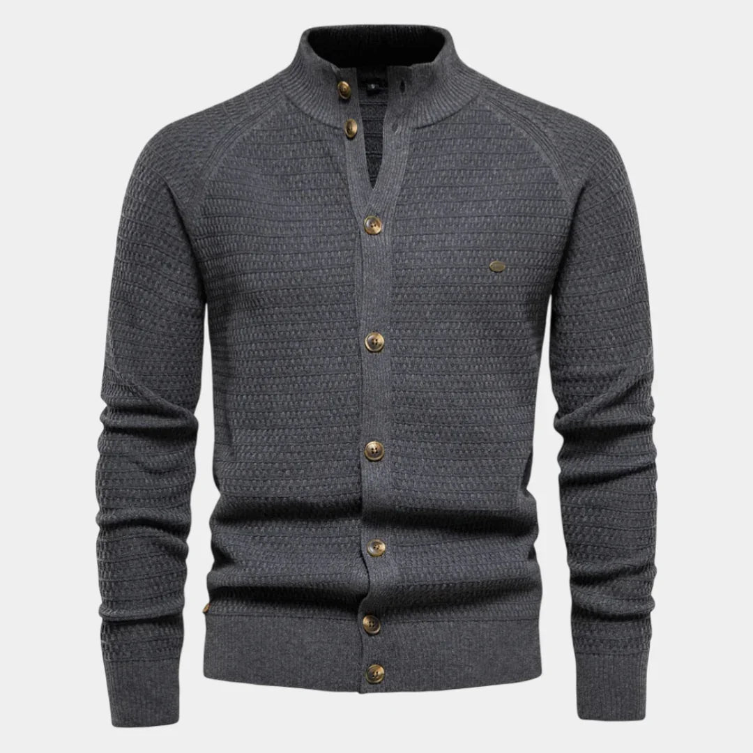 Men's knit jacket in dark gray, button front and stand collar
