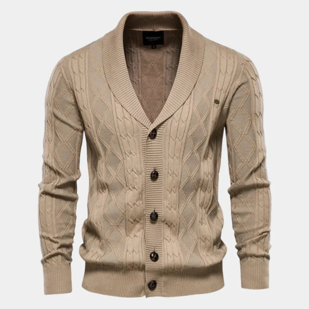 Men's knit cardigan with buttons, khaki color, diamond pattern and ribbed hem
