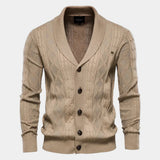 Men's knit cardigan with buttons, khaki color, diamond pattern and ribbed hem