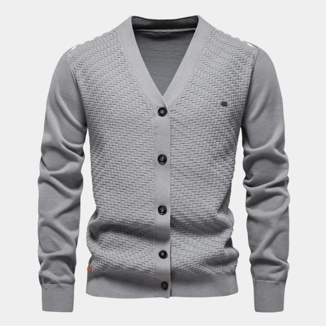 Men's knitted vest in gray with V-neck and button-front closure