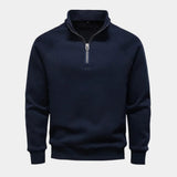 Men's navy quarter-zip sweater with stand collar and ribbed cuffs and hem.