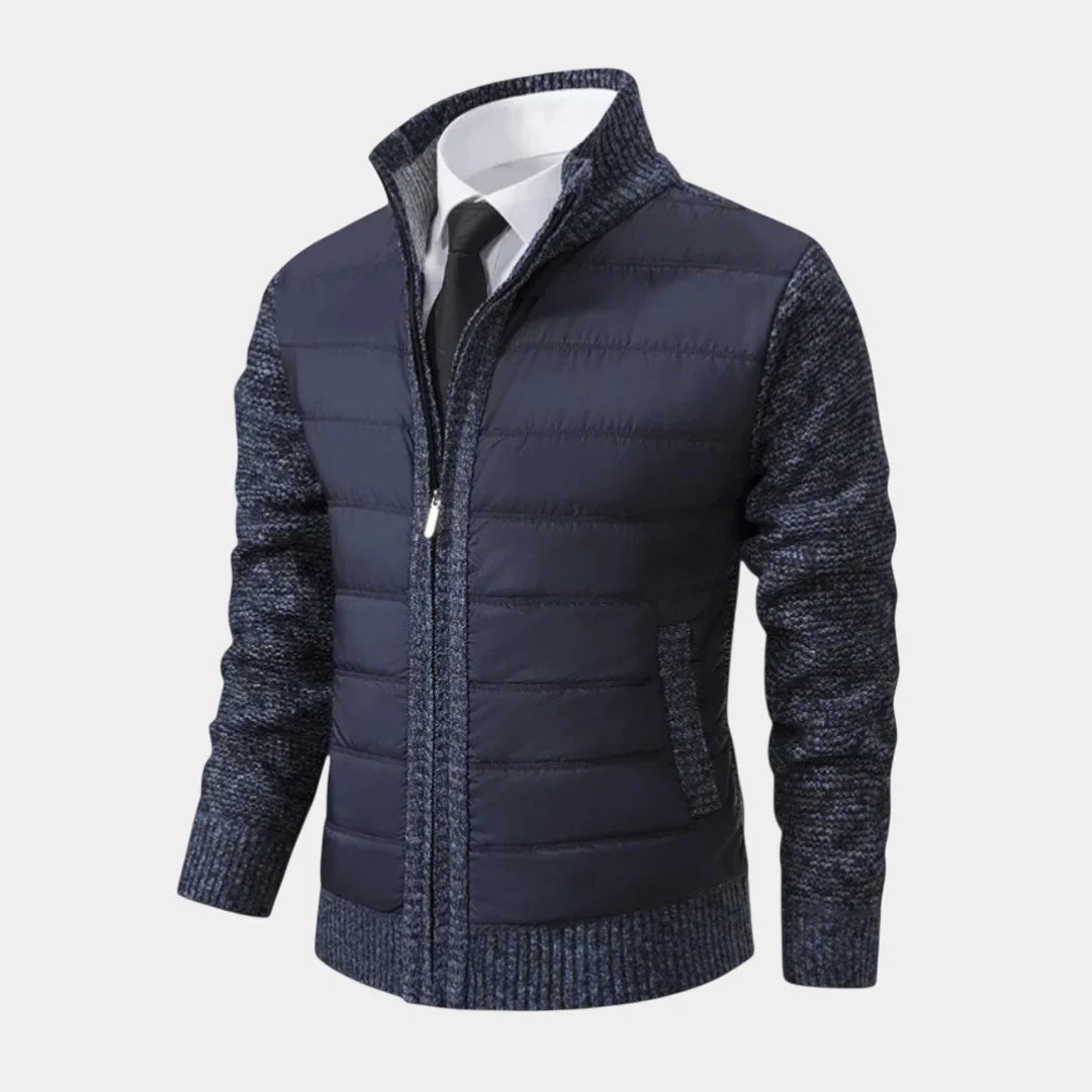 Navy blue puffer jacket with knit sleeves and stand collar, full zipper front
