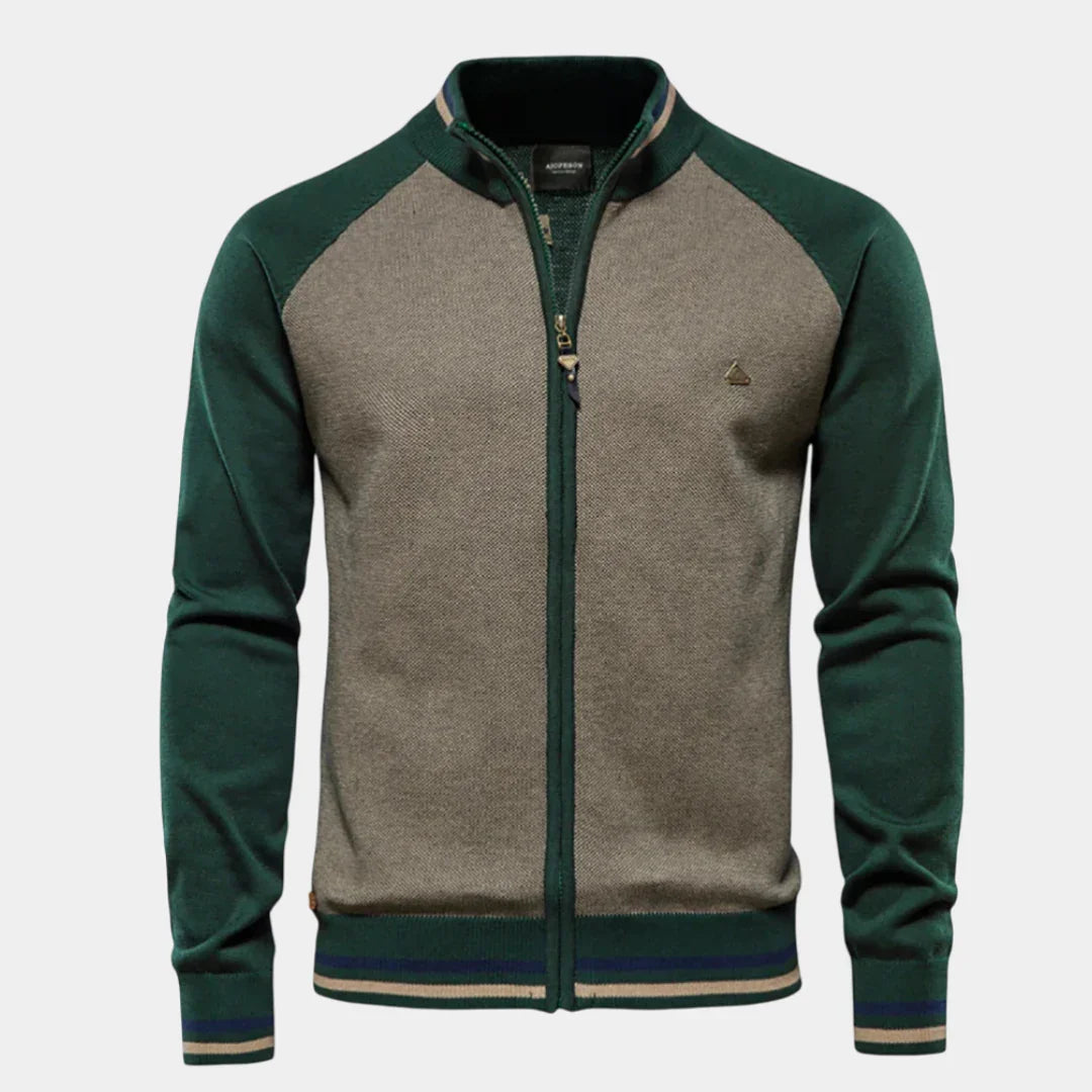 Men's zip-front sweater jacket with green sleeves and beige center panel