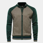 Men's zip-front sweater jacket with green sleeves and beige center panel