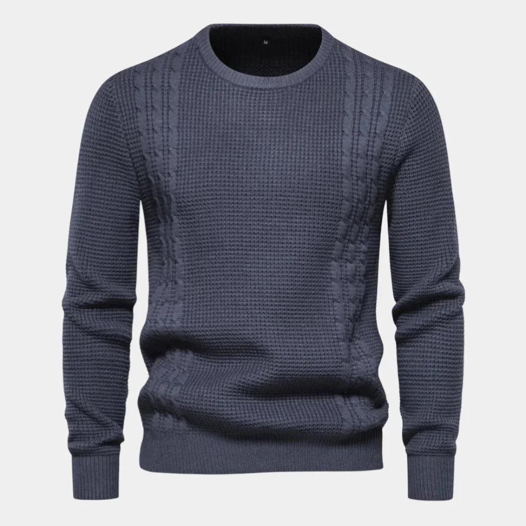 Men's knit sweater in dark blue, crew neck, long sleeves, ribbed hem and cuffs