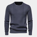 Men's knit sweater in dark blue, crew neck, long sleeves, ribbed hem and cuffs