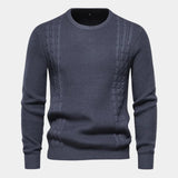 Men's knit sweater in dark blue, crew neck, long sleeves, ribbed hem and cuffs