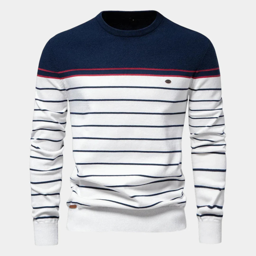 Men's striped knit sweater, navy and white with red trim, crew neck and long sleeves