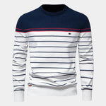 Men's striped knit sweater, navy and white with red trim, crew neck and long sleeves