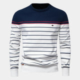 Men's striped knit sweater, navy and white with red trim, crew neck and long sleeves